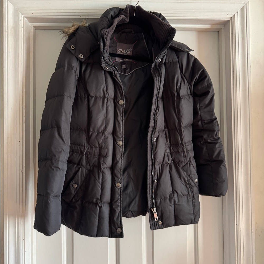 Esprit Black Puffer Jacket with Fur Trim